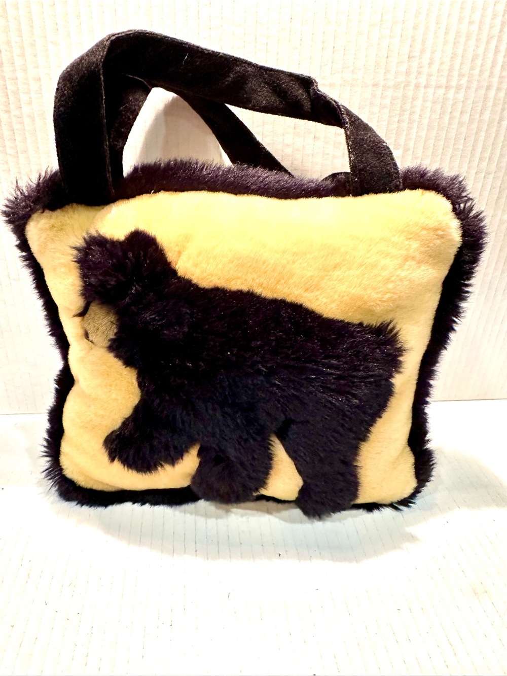 Angel Toy Plush Black Bear Appliqué Faux Fur Tote - Yellow and Black